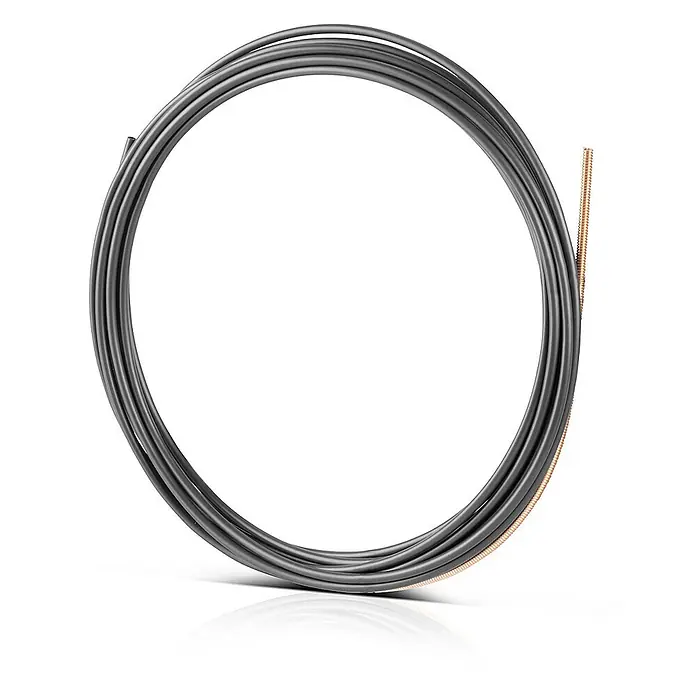 STAHLWERK Schweißzubehör-Set Carbonseele Drahtführung für MIG MAG Brenner AK15 MB15 AK25 MB25 -  - Aufgerolltes dunkelgraues Kabel mit einem freiliegenden Abschnitt aus geflochtenem Kupferdraht.