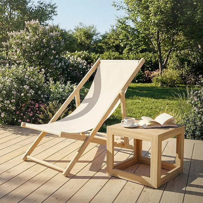 ECD Germany Garten-Liegestuhl 10er Set Sonnenliege Beige Klappliegestuhl Relaxliege - Holz, Polyester, Beige, Braun - Hölzerner Liegestuhl mit cremefarbenem Bezug und passendem Beistelltisch mit Kaffee und Buch auf einer sonnigen Gartenterrasse.