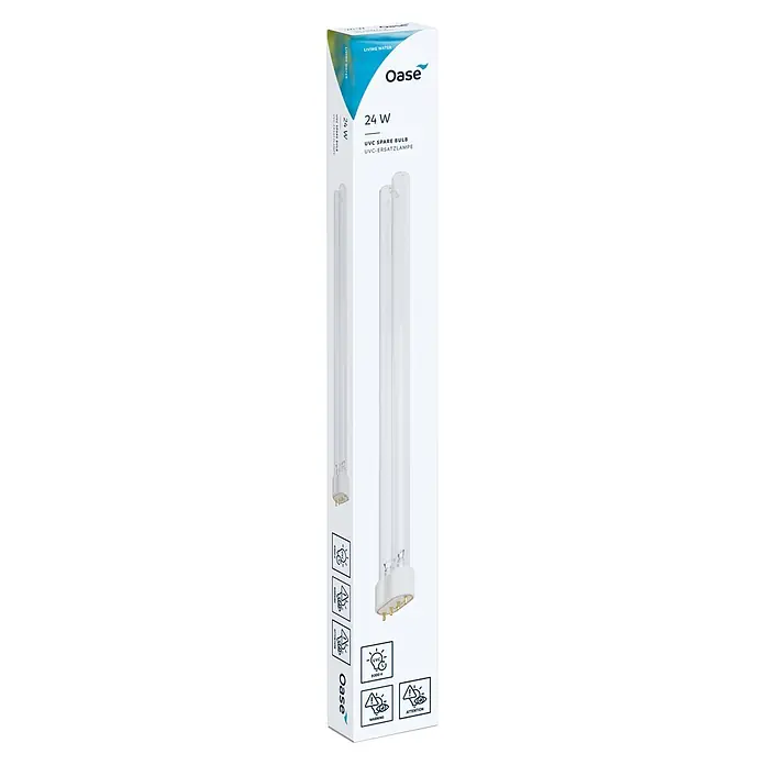 Oase Ersatzlampe Algenstopp UVC - 24 W - Oase 24W UVC Ersatzlampe mit klarem Rohr und weißem Sockel, verpackt im weißen Karton, 8000 Stunden Lebensdauer.