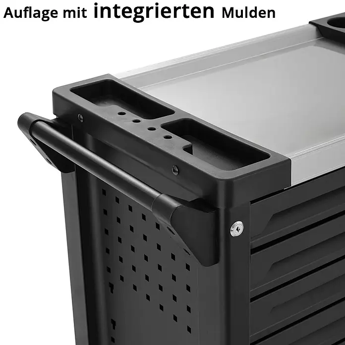 STAHLWERK Werkzeugkoffer Werkstattwagen EAGLE -  - Schwarzer Werkstattwagen mit integrierter silberner Arbeitsfläche und Muldenablage, versehen mit einem stabilen Griff.