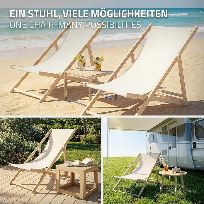 ECD Germany Garten-Liegestuhl 10er Set Sonnenliege Beige Klappliegestuhl Relaxliege - Holz, Polyester, Beige, Braun - Vielseitiger klappbarer Holz-Liegestuhl mit cremefarbenem Stoff, gezeigt am Strand, auf der Gartenterrasse und beim Camping.