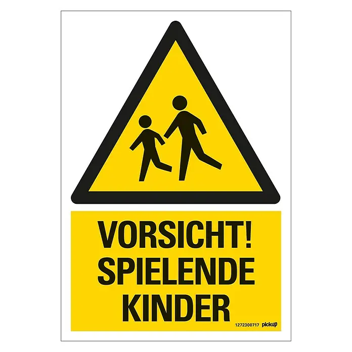 Pickup Hinweisschild - L x B: 23 x 33 cm, Vorsicht spielende Kinder - Warnschild "Vorsicht! Spielende Kinder" mit einem Piktogramm spielender Kinder in einem gelben Dreieck.