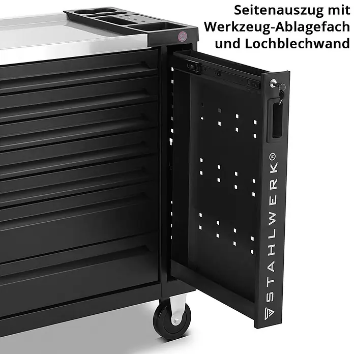 STAHLWERK Werkzeugkoffer Werkstattwagen EAGLE -  - Schwarzer Werkzeugwagen mit Schubladen, seitlichem Lochblechauszug, Ablagefach und Rollen.