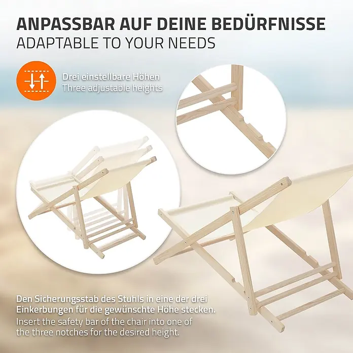 ECD Germany Garten-Liegestuhl 10er Set Sonnenliege Beige Klappliegestuhl Relaxliege - Holz, Polyester, Beige, Braun - Hellbrauner Holz-Liegestuhl mit cremefarbenem Stoff, zeigt drei verstellbare Rückenlehnenpositionen mittels Einkerbungen.