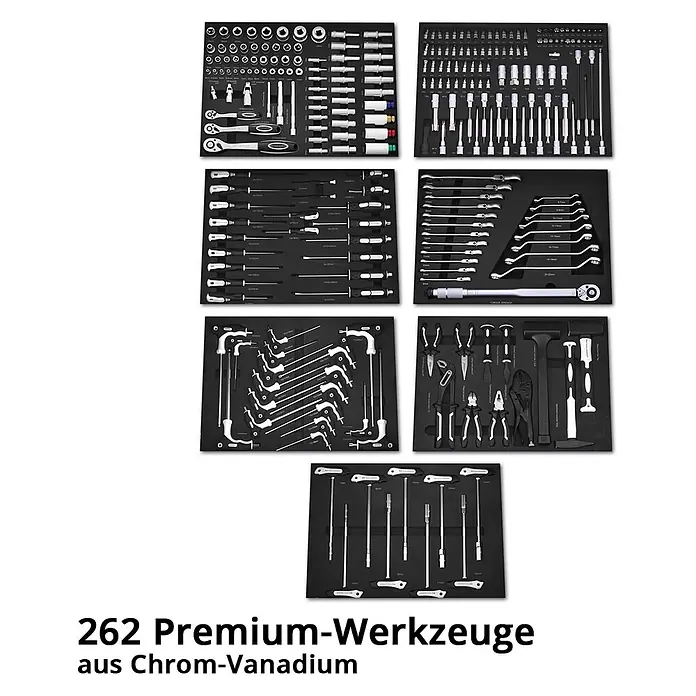 STAHLWERK Werkzeugkoffer Werkstattwagen PHOENIX 262 Werkzeuge CrV -  - Umfassendes Set aus 262 Premium-Werkzeugen aus Chrom-Vanadium, sortiert in Schaumstoffeinlagen.