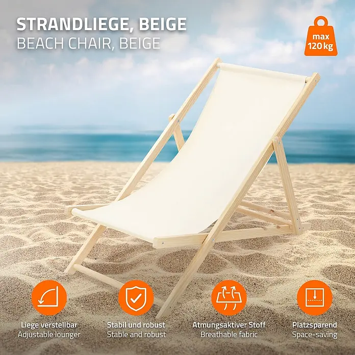 ECD Germany Garten-Liegestuhl 10er Set Sonnenliege Beige Klappliegestuhl Relaxliege - Holz, Polyester, Beige, Braun - Beiger Strandstuhl aus Holz und Stoff an einem Sandstrand.