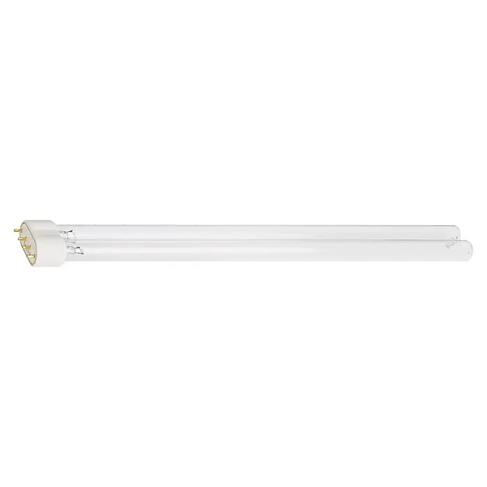 Oase Ersatzlampe Algenstopp UVC - 24 W - Durchsichtige Glas-Leuchtstofflampe mit weißer Endkappe und vier Goldstiften.