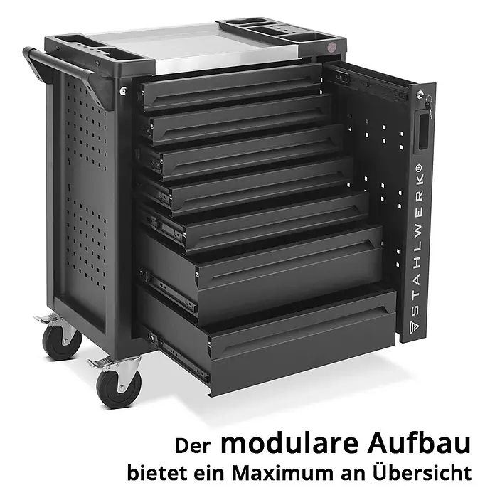 STAHLWERK Werkzeugkoffer Werkstattwagen EAGLE -  - Schwarzer, fahrbarer Werkzeugwagen mit 7 teils geöffneten Schubladen, Griff, Ablagefläche und Rollen, zeigt seine Modularität.