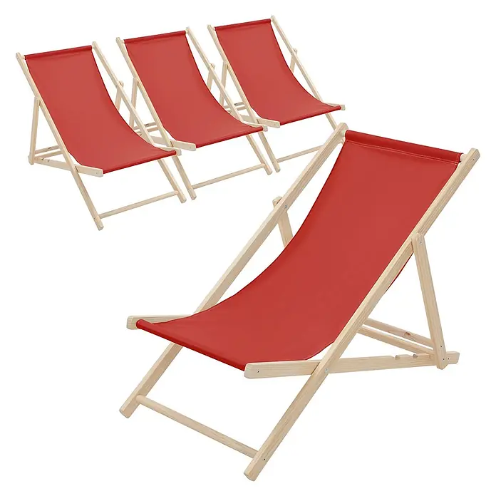 ECD Germany Garten-Liegestuhl 4er Set Sonnenliege Rot Klappliegestuhl Relaxliege - 4 Stk., Holz, Polyester, Rot, Braun - Mehrere rote Stoff-Liegestühle mit Naturholzrahmen.