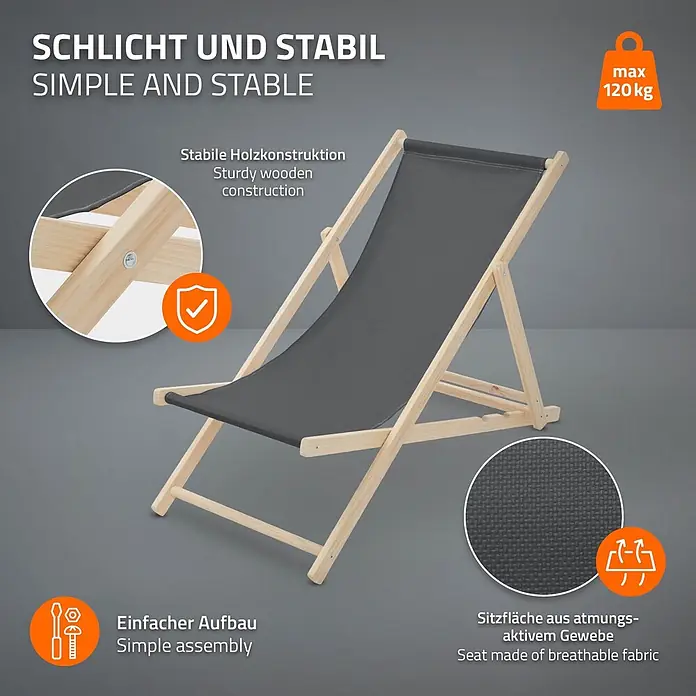 ECD Germany Garten-Liegestuhl 2er Set Sonnenliege Anthrazit Klappliegestuhl Relaxliege - 2 Stk., Holz, Polyester, Anthrazit, Braun - Grauer Liegestuhl aus atmungsaktivem Stoff mit hellem Holzrahmen, stabil und einfach aufzubauen.