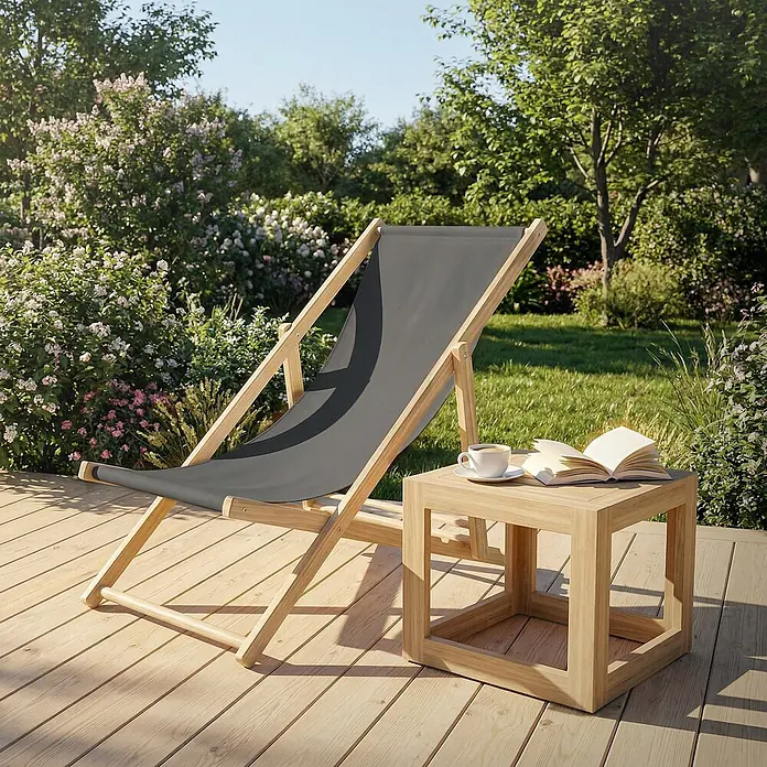 ECD Germany Garten-Liegestuhl 2er Set Sonnenliege Anthrazit Klappliegestuhl Relaxliege - 2 Stk., Holz, Polyester, Anthrazit, Braun - Holzliegestuhl mit dunkelgrauem Stoffbezug und Holznebentisch mit Kaffee und Buch auf sonniger Gartenterrasse.