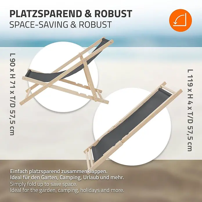 ECD Germany Garten-Liegestuhl 2er Set Sonnenliege Anthrazit Klappliegestuhl Relaxliege - 2 Stk., Holz, Polyester, Anthrazit, Braun - Liegestuhl aus Holz mit dunkelgrauem Stoff, aufgeklappt und zusammengeklappt zur Demonstration der platzsparenden Funktion.