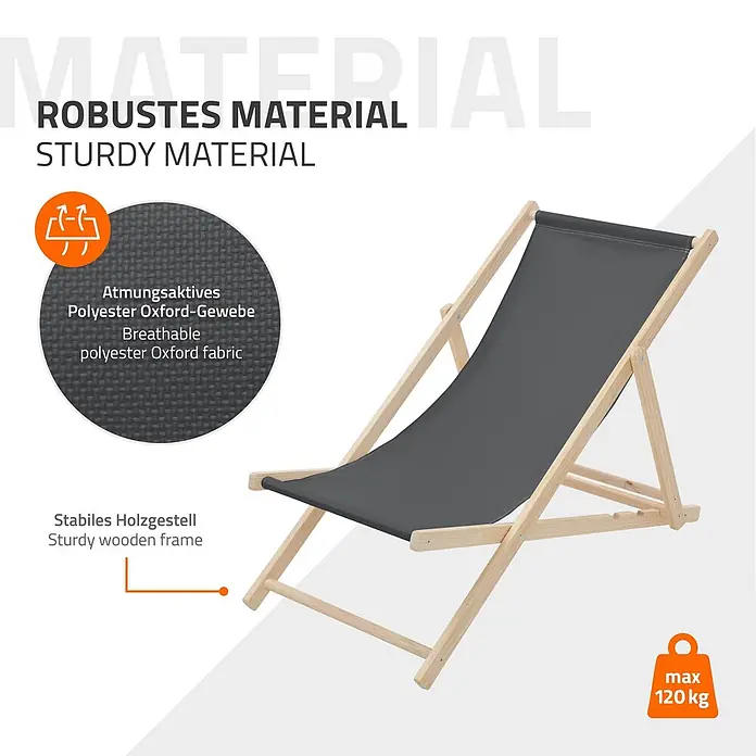 ECD Germany Garten-Liegestuhl 2er Set Sonnenliege Anthrazit Klappliegestuhl Relaxliege - 2 Stk., Holz, Polyester, Anthrazit, Braun - Dunkelgrauer Liegestuhl mit atmungsaktivem Oxford-Gewebe und stabilem Holzgestell, belastbar bis 120 kg.