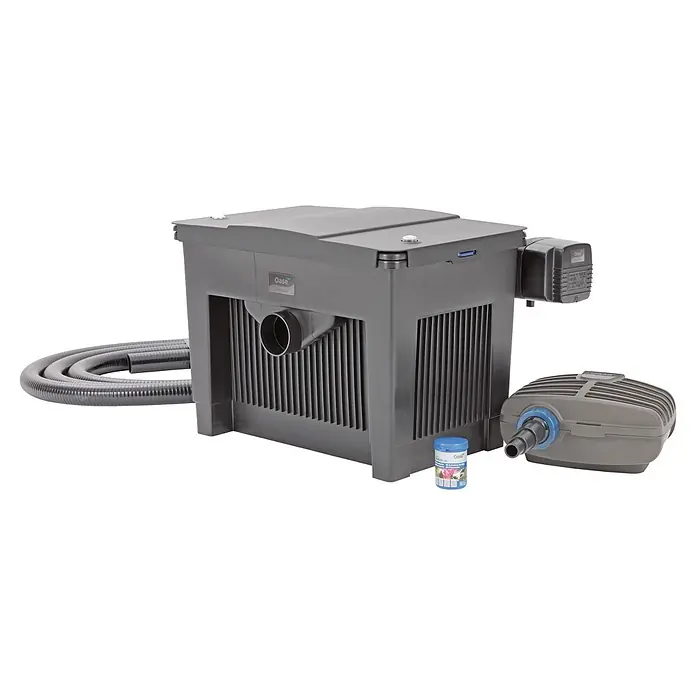 Oase BioSmart Durchlauffilter Set 18000 - 60 W, Teichgröße: 18 m³ - Dunkelgraues Teichfiltersystem mit Pumpe, Schlauch und Filterstarter-Behälter.