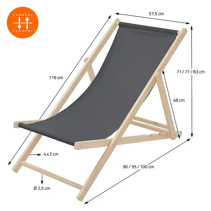 ECD Germany Garten-Liegestuhl 2er Set Sonnenliege Anthrazit Klappliegestuhl Relaxliege - 2 Stk., Holz, Polyester, Anthrazit, Braun - Verstellbarer Holzliegestuhl mit dunkelgrauem Stoffbezug, mit Maßen dargestellt.