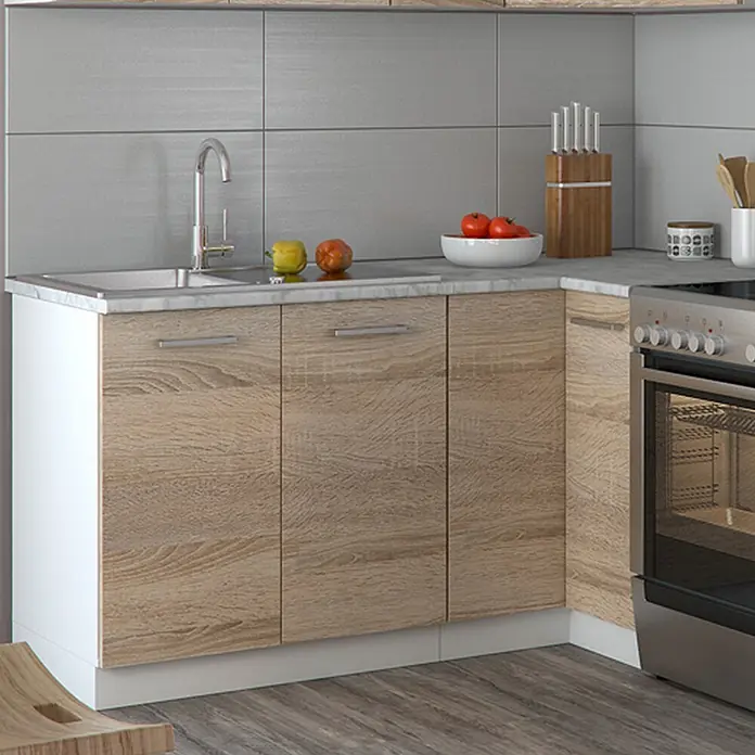 Vicco Eckküche Rick Sonoma/Weiß, AP Marmor - B x T: 190 x 60 cm, Sonoma, Ohne Elektrogeräte - Küchenunterschränke in heller Holzoptik mit grauer Arbeitsplatte und integrierter Spüle in einer modernen Küche.