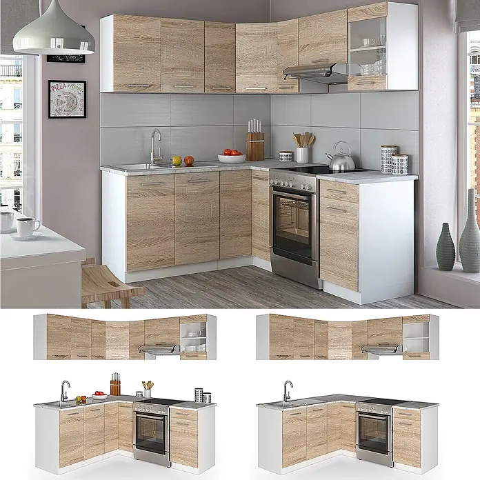 Vicco Eckküche Rick Sonoma/Weiß, AP Marmor - B x T: 190 x 60 cm, Sonoma, Ohne Elektrogeräte - L-förmige Küchenzeile mit hellen Eichenoptik-Türen, weißen Rahmen und grauen Arbeitsplatten, inklusive Spüle, Herd und Schränken.