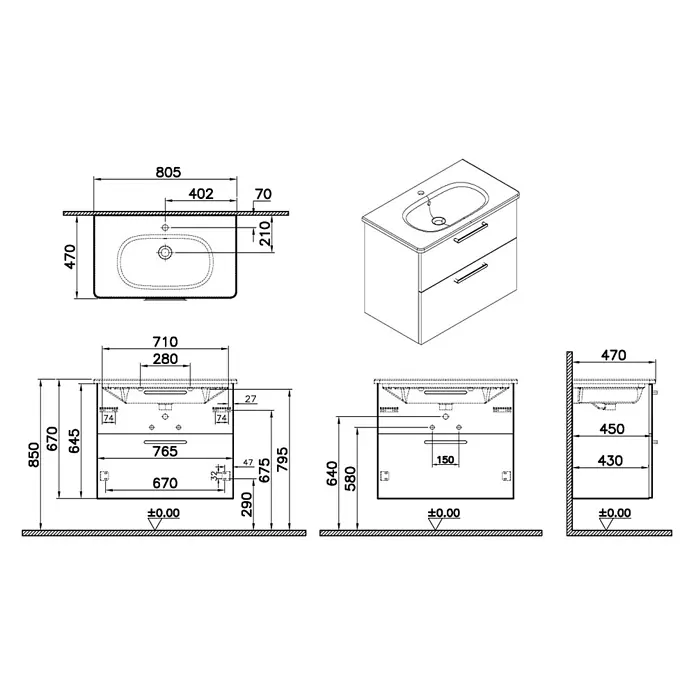 VitrA Badmöbel-Set Root Flat - B x T x H: 80 x 45 x 65 cm, Sahara Beige, Hochglänzend - Technische Zeichnung eines Badunterschranks mit integriertem Waschbecken und zwei Schubladen.