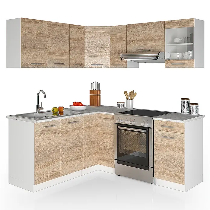 Vicco Eckküche Rick Sonoma/Weiß, AP Marmor - B x T: 190 x 60 cm, Sonoma, Ohne Elektrogeräte - L-förmige Küche mit hellen Holzoptik-Schränken, weißen Seiten, grauer Arbeitsplatte, Spüle, Herd und Hängeschränken.