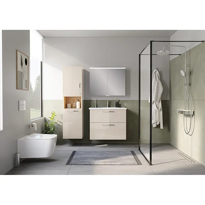 VitrA Badmöbel-Set Root Flat - B x T x H: 80 x 45 x 65 cm, Sahara Beige, Hochglänzend - Modernes Badezimmer mit hellbeiger Waschtischunterschrank und Hochschrank, weißem WC und begehbarer Dusche.