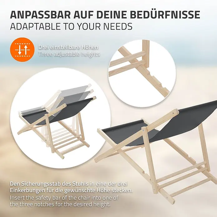ECD Germany Garten-Liegestuhl 2er Set Sonnenliege Anthrazit Klappliegestuhl Relaxliege - 2 Stk., Holz, Polyester, Anthrazit, Braun - Holz-Liegestuhl mit dunkelgrauem Stoff und dreifach verstellbarer Rückenlehne.