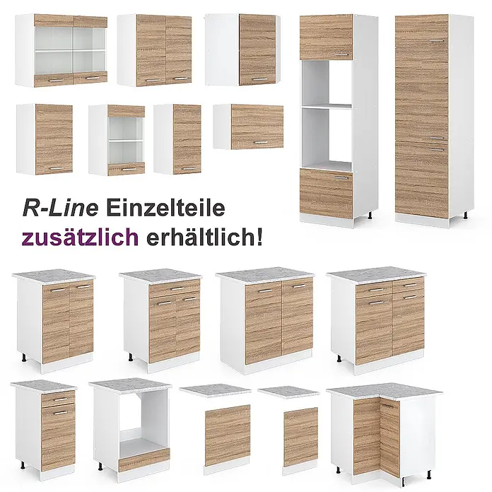 Vicco Eckküche Rick Sonoma/Weiß, AP Marmor - B x T: 190 x 60 cm, Sonoma, Ohne Elektrogeräte - Modulare R-Line Küchenschränke mit Holzoptik-Fronten und weißem Korpus, grauen Arbeitsplatten, in verschiedenen Konfigurationen erhältlich.