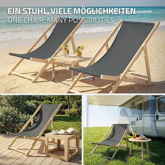 ECD Germany Garten-Liegestuhl 2er Set Sonnenliege Anthrazit Klappliegestuhl Relaxliege - 2 Stk., Holz, Polyester, Anthrazit, Braun - Vielseitiger Liegestuhl mit grauem Stoff und Holzrahmen, am Strand, im Garten und beim Camping.