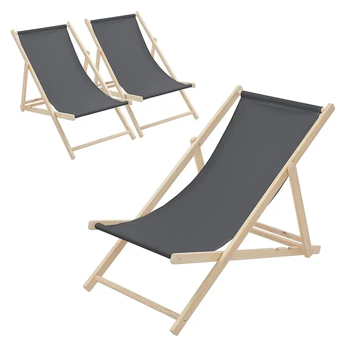 ECD Germany Garten-Liegestuhl 3er Set Sonnenliege Anthrazit Klappliegestuhl Relaxliege - Holz, Polyester, Anthrazit, Braun - Drei graue Stoff-Liegestühle mit Holzrahmen, zwei im Hintergrund, einer im Vordergrund.