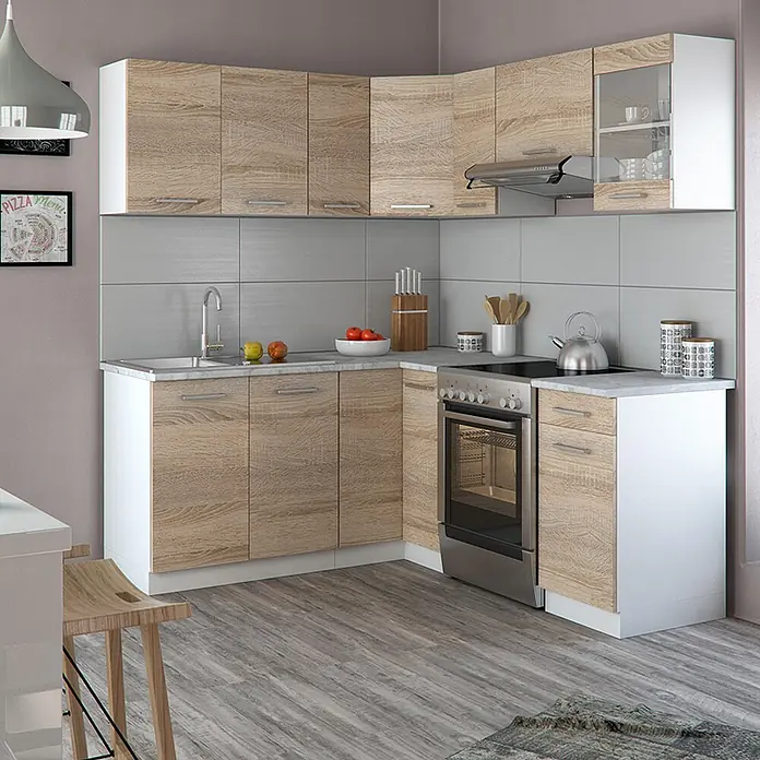 Vicco Eckküche Rick Sonoma/Weiß, AP Marmor - B x T: 190 x 60 cm, Sonoma, Ohne Elektrogeräte - L-förmige Küchenzeile mit hellen Eicheneffekt-Schränken, weißer Basis und grauer Arbeitsplatte, mit Spüle und Herd.