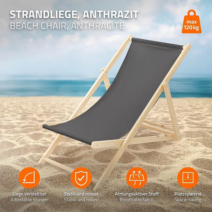 ECD Germany Garten-Liegestuhl 2er Set Sonnenliege Anthrazit Klappliegestuhl Relaxliege - 2 Stk., Holz, Polyester, Anthrazit, Braun - Anthrazit Strandliege mit Holzrahmen am Sandstrand, zeigt verstellbares Design und 120 kg max. Belastung.