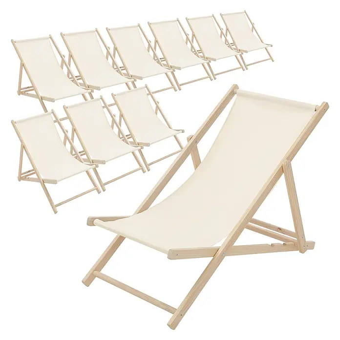 ECD Germany Garten-Liegestuhl 10er Set Sonnenliege Beige Klappliegestuhl Relaxliege - Holz, Polyester, Beige, Braun - Mehrere klappbare Liegestühle aus Naturholz mit cremefarbenem Segeltuchbezug.
