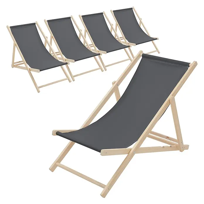 ECD Germany Garten-Liegestuhl 5er Set Sonnenliege Anthrazit Klappliegestuhl Relaxliege - Holz, Polyester, Anthrazit, Braun - Fünf dunkelgraue Stoff-Liegestühle mit hellem Holzgestell, einer groß im Vordergrund.