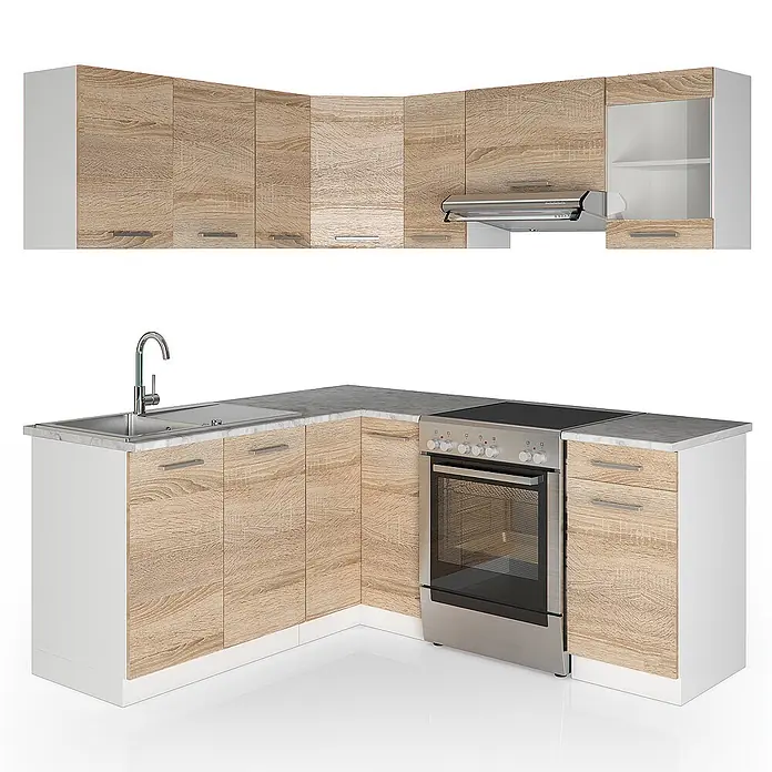 Vicco Eckküche Rick Sonoma/Weiß, AP Marmor - B x T: 190 x 60 cm, Sonoma, Ohne Elektrogeräte - Eckküche mit heller Holzoptik und weißen Paneelen, inklusive Spüle, Backofen und Hängeschränken.