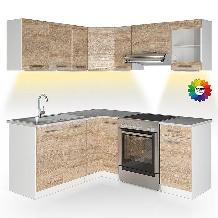 Vicco Eckküche Rick Sonoma/Weiß, AP Marmor mit LED-Leisten - B x T: 187 x 60 cm, Sonoma, Ohne Elektrogeräte - Eckküche mit hellen Holzfronten, weißen Elementen, grauer Arbeitsplatte, Spüle und Herd. Inklusive RGBW-Unterbauleuchten.