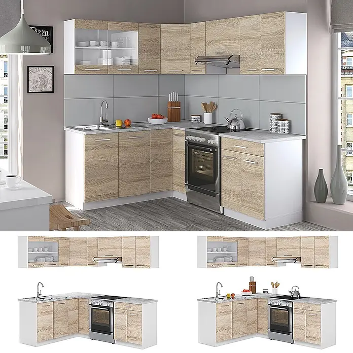 Vicco Eckküche Rick Weiß/Sonoma, AP Marmor - B x T: 210 x 60 cm, Sonoma, Ohne Elektrogeräte - Eckküchenzeile mit hellen Holzfronten und weißen Arbeitsplatten, Spüle und Backofen.