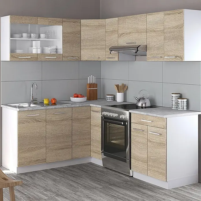 Vicco Eckküche Rick Weiß/Sonoma, AP Marmor - B x T: 210 x 60 cm, Sonoma, Ohne Elektrogeräte - Eckküchenzeile mit hellen Holzmaserungstüren, weißen Rahmen, Spüle und integriertem Ofen.