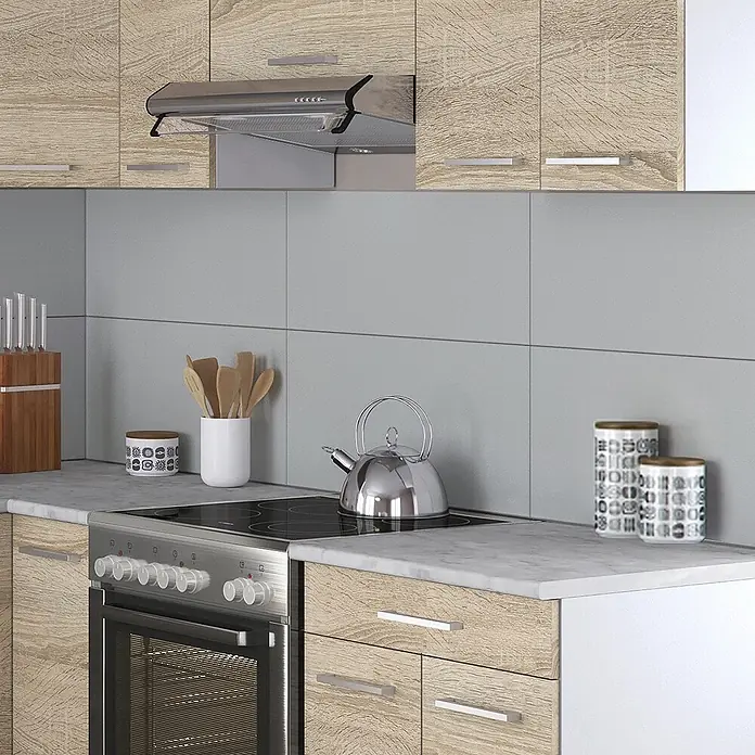 Vicco Eckküche Rick Weiß/Sonoma, AP Marmor - B x T: 210 x 60 cm, Sonoma, Ohne Elektrogeräte - Moderne Küche mit hellen Holzmaserungsschränken, einer hellen Marmoroptik-Arbeitsplatte und Edelstahlgeräten.