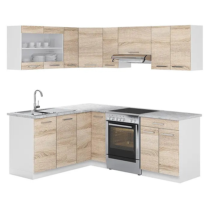 Vicco Eckküche Rick Weiß/Sonoma, AP Marmor - B x T: 210 x 60 cm, Sonoma, Ohne Elektrogeräte - Eckküche mit hellen Holzfronten, weißen Rahmen und grauer Arbeitsplatte, inkl. Ober-/Unterschränke, Spüle, Herd, Dunstabzugshaube.