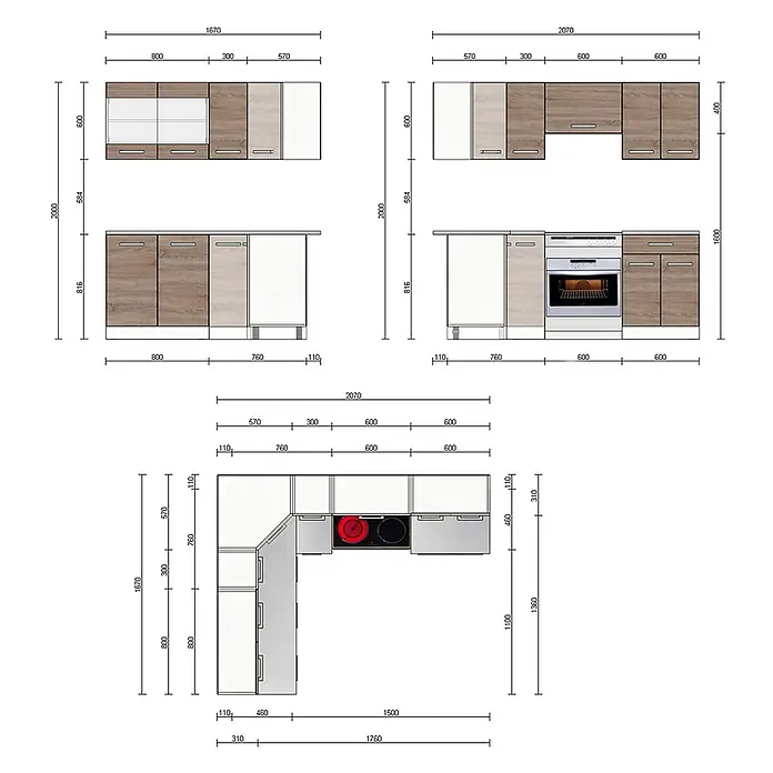 Vicco Eckküche Rick Weiß/Sonoma, AP Marmor - B x T: 210 x 60 cm, Sonoma, Ohne Elektrogeräte - Technische Zeichnungen modularer Küchenschränke, mit verschiedenen Konfigurationen, Geräten und detaillierten Maßangaben.