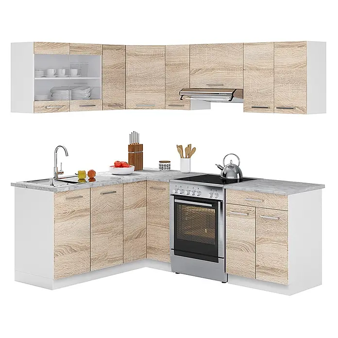 Vicco Eckküche Rick Weiß/Sonoma, AP Marmor - B x T: 210 x 60 cm, Sonoma, Ohne Elektrogeräte - L-förmige Küchenzeile mit hellen Holzmaserungsschränken, weißen Rahmen, Spüle und Einbauherd, bestehend aus Ober- und Unterschränken.