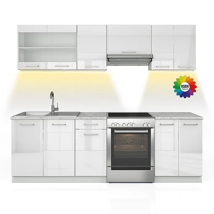 Vicco Küchenzeile Raul Weiß Hochglanz/Weiß, AP Marmor mit LED-Leisten - Weiß Hochglanz, Ohne Elektrogeräte - Weiße Hochglanz-Küchenzeile mit Spüle, Backofen, Dunstabzugshaube und warmer RGBW-Unterschrankbeleuchtung.