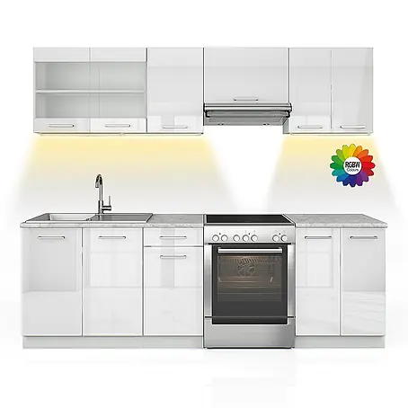 Vicco  Küchenzeile Raul Weiß Hochglanz/Weiß, AP Marmor mit LED-Leisten