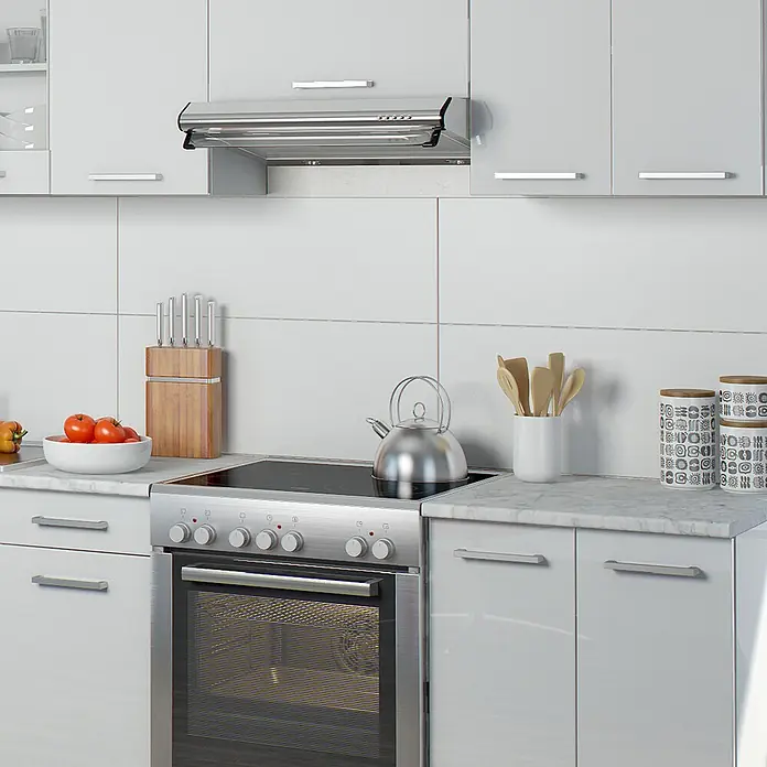 Vicco Küchenzeile Raul Weiß Hochglanz/Weiß, AP Marmor - Weiß Hochglanz, Ohne Elektrogeräte - Moderne hellgraue Küche mit integriertem Edelstahl-Backofen, Kochfeld und Dunstabzugshaube.