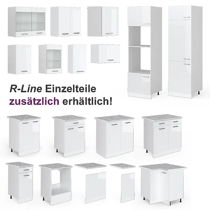 Vicco Küchenzeile Raul Weiß Hochglanz/Weiß, AP Marmor mit LED-Leisten - Weiß Hochglanz, Ohne Elektrogeräte - Verschiedene weiße Hochglanz-Küchenschrankmodule, darunter Hänge-, Unter- und Hochschränke, einige mit Marmoroptik-Arbeitsplatten, für flexible Küchengestaltung.