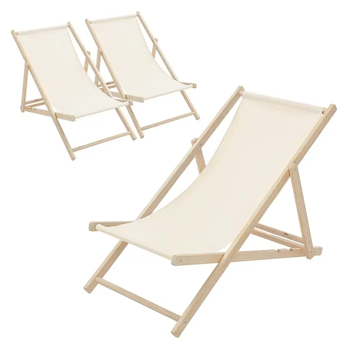 ECD Germany Garten-Liegestuhl 3er Set Sonnenliege Beige Klappliegestuhl Relaxliege - Holz, Polyester, Beige, Braun - Zwei klappbare Liegestühle aus Naturholz mit cremefarbenen Segeltuchsitzen.