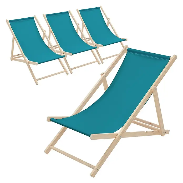 ECD Germany Garten-Liegestuhl 4er Set Sonnenliege Dunkelgrün Klappliegestuhl Relaxliege - 4 Stk., Holz, Polyester, Petrol - Vier Holz-Liegestühle mit türkisfarbenem Stoff.