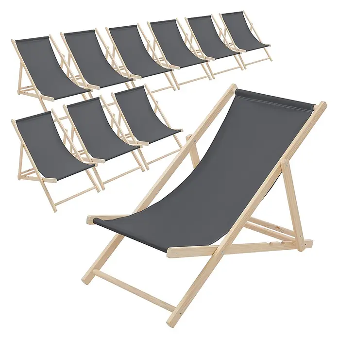 ECD Germany Garten-Liegestuhl 10er Set Sonnenliege Anthrazit Klappliegestuhl Relaxliege - Holz, Polyester, Anthrazit, Braun - Mehrere Liegestühle aus dunkelgrauem Stoff mit hellen Holzrahmen.