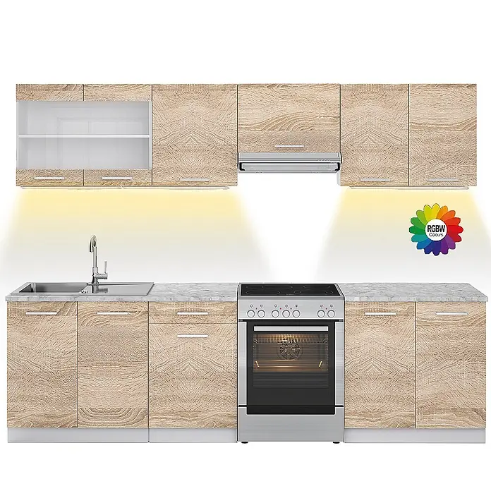 Vicco Küchenzeile Raul Sonoma, AP Marmor mit LED-Leisten - Sonoma, Ohne Elektrogeräte - Helle Holzoptik-Einbauküche mit Spüle, Backofen und RGBW-Unterbauleuchten.