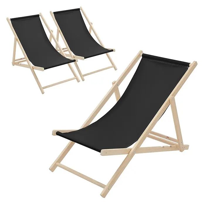 ECD Germany Garten-Liegestuhl 3er Set Sonnenliege Schwarz Klappliegestuhl Relaxliege - Holz, Polyester, Schwarz, Braun - Drei schwarze Stoffliegestühle mit hellen Holzrahmen, in verschiedenen Winkeln angeordnet.