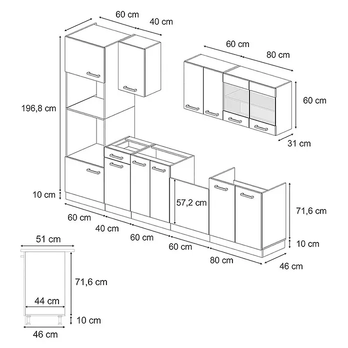 Vicco Küchenzeile R-Line Goldkraft Eiche/Weiß AP Eiche - Goldkraft Eiche, Ohne Elektrogeräte - Schematische Zeichnung modularer Küchenschränke mit detaillierten Maßen für Unter-, Ober- und Hochschränke.